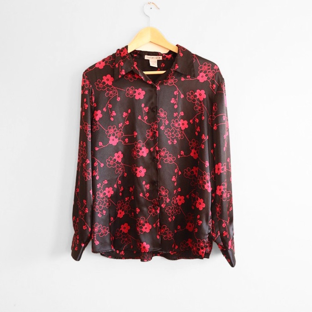 90’s Cherry Blossom Black Satin Blouse Size XL